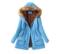 Women's Oversize Vintage Fleece Winter Jacket With Hood - Long, Very Warm Lined Coat, Elegant Autumn Mountain Parka, Large Size, Sky Blue, L