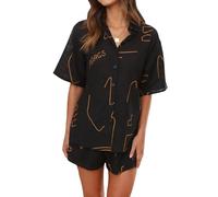Women's Oversized 2 Piece Outfits Fashion Printed Short Sleeve Button Down Shirt Shorts Co Ord Set Summer Streetwear Beachwear (V-Black Yellow, M)