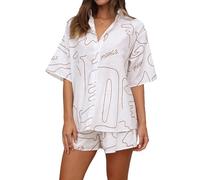 Women's Oversized 2 Piece Outfits Fashion Printed Short Sleeve Button Down Shirt Shorts Co Ord Set Summer Streetwear Beachwear (V-White Brown, M)