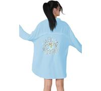 Women's Oversized Button Up Tunic Top Shirt with Gold Sequin Eye On Back- Ladies Long Sleeve Collared Blouse for Beachwear, Summer Streetwear Outfit