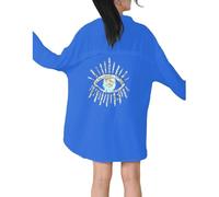Women's Oversized Button Up Tunic Top Shirt with Gold Sequin Eye On Back- Ladies Long Sleeve Collared Blouse for Beachwear, Summer Streetwear Outfit
