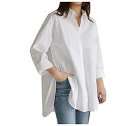 Womens Oversized Cotton Linen Button Down Shirt 2024 Spring Casual Long Sleeve Solid Color Shirts Loose Baggy Work Tops(White,Large)