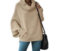 Women's Oversized Cowl Neck Sweaters Batwing Long Sleeve Casual Loose Slouchy Knit Jumper Sweater with Pockets Apricot