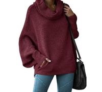 Women's Oversized Cowl Neck Sweaters Batwing Long Sleeve Casual Loose Slouchy Knit Jumper Sweater with Pockets Wine Red