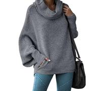 Women's Oversized Cowl Neck Sweaters Batwing Long Sleeve Casual Loose Slouchy Knit Jumper Sweater with Pockets Dark Gray