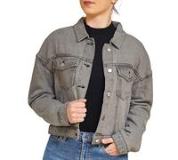 Women's Oversized Denim Cropped Fit Jacket, Ladies Long Sleeve Stone Wash Boyfriend Jean Top Loose Coat - Grey - Medium, M Plus