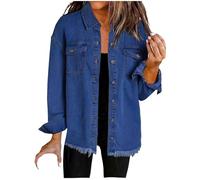 Women's Oversized Denim Jacket Button Casual Long Frayed Hem Shacket Coats Sleeve Boyfriend Jean Jackets Washed Shirt Womens Front Shirts Pockets Bomber Jacket 8 10 12 14 16 s Uk Blue