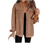 Women's Oversized Denim Jacket Button Down Casual Long Frayed Hem Shacket Coats Sleeve Boyfriend Jean Jackets Washed Shirt Womens Front Shirts Pockets Bomber Jacket 8 10 12 14 16 s Uk