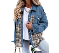 Women's Oversized Denim Jacket Casual Long Sleeve Button Down Plaid Shacket Boyfriend Jean Jacket With Pockets(3#,S)
