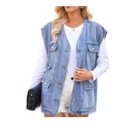 Women's Oversized Denim Vest V Neck Sleeveless Button Mid Long Jean Waistcoat Multi Pockets