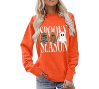 Women's Oversized Halloween Sweatshirt, Graphic Crew Neck Top | Oversized long sleeve crew neck pullover with seasonal graphic print, relaxed fit for autumn wear