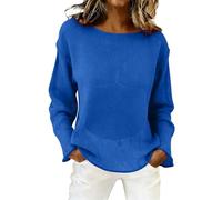 Women's Oversized Hollow Out Knit Top - Sheer Mesh Long Sleeve Flare Cuff Blouse, Crew Neck Lightweight Pullover, Versatile Casual Daily & Beach Swimwear Cover Up for Summer (Blue, L)