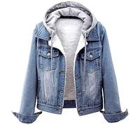 Women's Oversized Hooded Denim Jacket, Women's Fleece Lined Denim Jackets Hooded Jean Coats Sherpa Thick Warm Jacket Button Down Long Sleeve Retro Cropped Jeans Coat Ladies CasualTrucker Outerwear