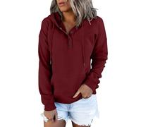 Women's Oversized Hoodie, Large Sizes, with Button Placket, V-Neck Hoodies, Casual Sweat Pullover with Hood, Sweatshirt, Plain Pullover, Thin Sweat Jacket Top, Wine Red, 4XL