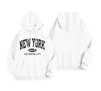 Women's Oversized Hoodie with New York Print, Casual Hoodie in College Style, Wide Cut Sweatshirt with Brooklyn Detail, Style_p09 White, M