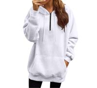 Womens Oversized Hoodies Fall Long Sleeve Drawstring Half Zip Fleece Sweatshirts With Kangaroo Pockets Fashion Loose Casual Pullover Hoody Plain Tops for Women White