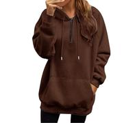 Womens Oversized Hoodies Fall Long Sleeve Drawstring Half Zip Fleece Sweatshirts With Kangaroo Pockets Fashion Loose Casual Pullover Hoody Plain Tops for Women Brown