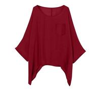 Women's Oversized Linen Shirts Baggy Comfy Blouses Tops Half Sleeve Up Mid-Long Shirts Cowl Neck Solid Top with Pockets Beach Leisure Pullover (Red, XXL)