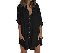 Women's Oversized Linen Shirts Plus Size Baggy Comfy Blouses Tops Half Sleeve Button Up Mid-Long Shirts V Neck Work Plain Tops Tunic Tee Mini Dress with Pockets(01- Black,M)
