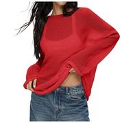 Women's Oversized Long Sleeve Sheer Mesh Knitted Jumper Tops Summer Loose Hollow Out Pullover Shirt Beach Hoodie Dress, red, L