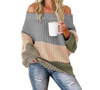 Womens Oversized Off The Shoulder Sweater Color Block Trendy Batwing Puff Long Sleeve Cable Knit Chunky Striped Pullover Tops Gray Small