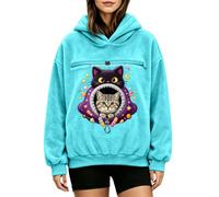 Women's Oversized Pet Carrier Hoodie Halloween Cat Pullover Jumper | Heavyweight Thermal Brushed Fleece Layer, Secure Center Animal Rest Portal, Midnight Sky Details, Warm Sky Blue XL
