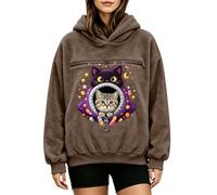 Women's Oversized Pet Carrier Hoodie Halloween Cat Pullover Jumper | Heavyweight Thermal Brushed Fleece Layer, Secure Center Animal Rest Portal, Midnight Sky Details, Warm Brown XL