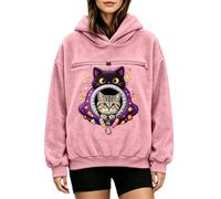 Women's Oversized Pet Carrier Hoodie Halloween Cat Pullover Jumper | Heavyweight Thermal Brushed Fleece Layer, Secure Center Animal Rest Portal, Midnight Sky Details, Warm Pink XL