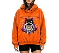 Women's Oversized Pet Carrier Hoodie Halloween Cat Pullover Jumper | Heavyweight Thermal Brushed Fleece Layer, Secure Center Animal Rest Portal, Midnight Sky Details, Warm Orange XL