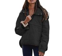 Women's Oversized Pullover Puffer Jacket Long Sleeve Hooded Lightweight Warm Quilted Hoodies Coat Black