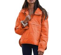Women's Oversized Pullover Puffer Jacket Long Sleeve Hooded Lightweight Warm Quilted Hoodies Coat Orange
