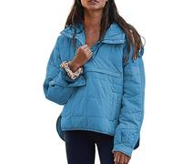 Women's Oversized Pullover Puffer Jacket Long Sleeve Quilted Hoodies Winter Coats Outerwear Blue