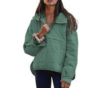 Women's Oversized Pullover Puffer Jacket Long Sleeve Quilted Hoodies Winter Coats Outerwear Green