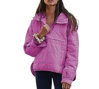 Women's Oversized Pullover Puffer Jacket Long Sleeve Quilted Hoodies Winter Coats Outerwear Purple