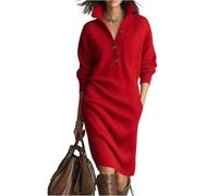 Women's Oversized Ribbed Knit Jumper Midi Dress Long Sleeve Polo Collar Sweater Dresses Loose Fit Solid Colour Knee Length Casual Warm Slouchy Pocket Skirts for Women XL Red