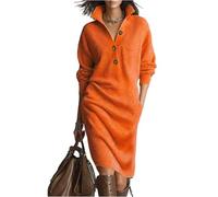 Women's Oversized Ribbed Knit Jumper Midi Dress Long Sleeve Polo Collar Sweater Dresses Loose Fit Solid Colour Knee Length Casual Warm Slouchy Pocket Skirts for Women L Saffron