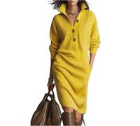 Women's Oversized Ribbed Knit Jumper Midi Dress Long Sleeve Polo Collar Sweater Loose Fit Solid Colour Knee Length Warm Slouchy Pocket Button Placket V Neck Slim Bodycon Ribbed Sweater Dress Yellow