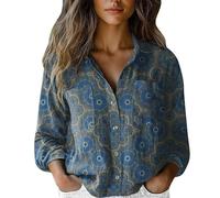 Womens Oversized Shirt, Long Sleeve Tops Women Cotton Linen Button Up Shirts Solid Dressy Elegant Office Work Business Collared Blouses Tunic Top with Pocket Plus Size Blue L
