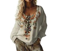 Womens Oversized Shirt Oversized Bohemian Embroidered Tops Fall Long Sleeve Vintage Loose Elegant Blouses Ladies Beach Leisure Hippie Clothes Retro Floral Pattern Tunics XXL, Beige Style#1