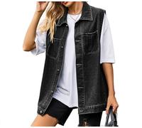 Womens Oversized Sleeveless Denim Vest Classic Lapel Button Down Jean Vest Jacket with Pockets