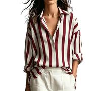 Womens Oversized Striped Blouse Lapel Collar Roll Tab V Neck Button Down Shirt Loose Fit Lightweight Casual Workwear Ladies Fashion Drop Shoulder Long Sleeve Top for Office Commute Wine