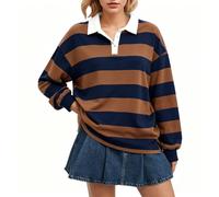 Womens Oversized Striped Rugby Polo Shirt Contrast Collar Long Sleeve | Womens Oversized Striped Rugby Polo Shirt with Contrast White Collar Casual Day Out
