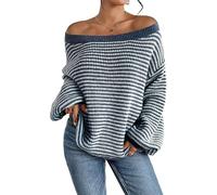 Women's Oversized Striped Sweater Casual Off The Shoulder Sweater Fall Long Sleeve Loose Knit Pullover Jumper Tops, Blue, M