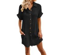 Women's Oversized Summer Cotton Dresses Knee Length Casual V-Neck Short Sleeves Midi Buttons Comfortable Solid Color Leisure Party Beach Elegant Curvy Loose, Black, XXL