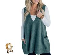Women's Oversized Sweater Vest,Casual Loose V Neck Sleeveless Pocket Pullover Dress,A Line Ribbed Knit Tunic Top Green