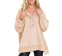 Women's Oversized Sweatshirt Casual Loose Button Up Reverse Seam Henley Pullover Tunic Top High Low Split Hoodies (Apricot,XXL)