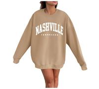 Women's Oversized Sweatshirts 2024 Letter Print with Crewneck Long Sleeve Blouses Casual Loose Soft Stretchable Fall Coats Ladies Winter Fall Outfits Y2k Clothes (Khaki -XL)