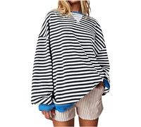Womens Oversized Sweatshirts Hoodie Crewneck Tunic Tops Striped Print Color Block Pollover Sweater Teen Girls Y2K Clothes Streetwear,M