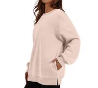 Women's Oversized Sweatshirts with Side Pocket, Solid Colour Crewneck Jumper Long Sleeve Pullover Tops Fall and Winter Fashion Casual Clothes Basics Comfy Blouses (Beige, XL)