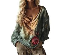 Womens Oversized T Shirt Oversized Bohemian Embroidered Tops Fall Long Sleeve Vintage Loose Elegant Blouses Ladies Beach Leisure Hippie Clothes Retro Floral Pattern Tunics XXL, Green Style#3